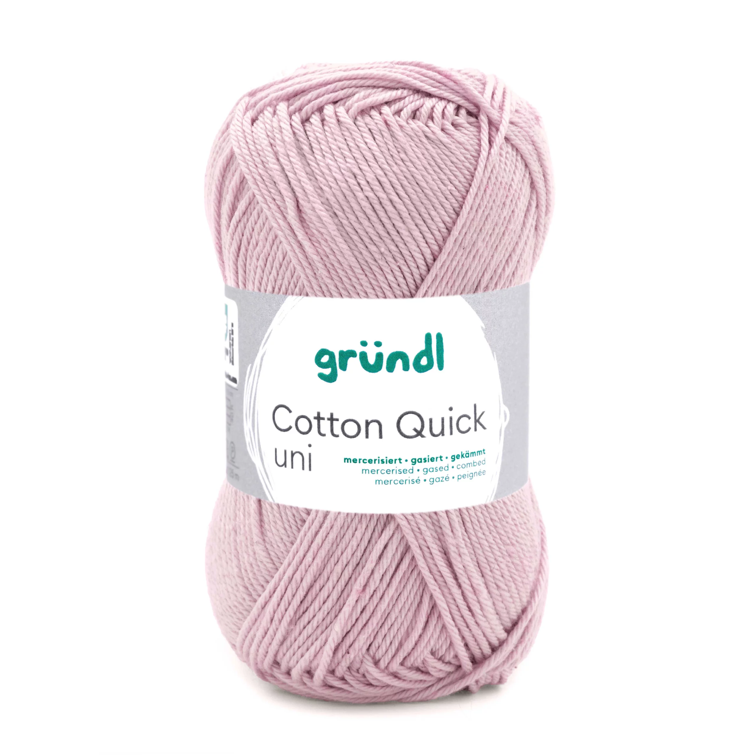 Pelote Coton Quick Uni 174 Rose Quartz de GrĂŒndl en coton mercerisĂ© rose poudrĂ© pour crochet et tricot.